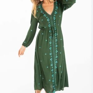 NATURAL LIFE Olive Green Midi Dress with Turquoise Embroidery